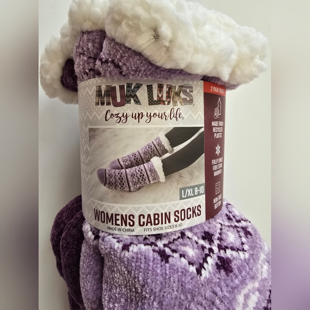 Muk Luks Purple Plush Cabin Socks 2 Pair Pack - L/XL